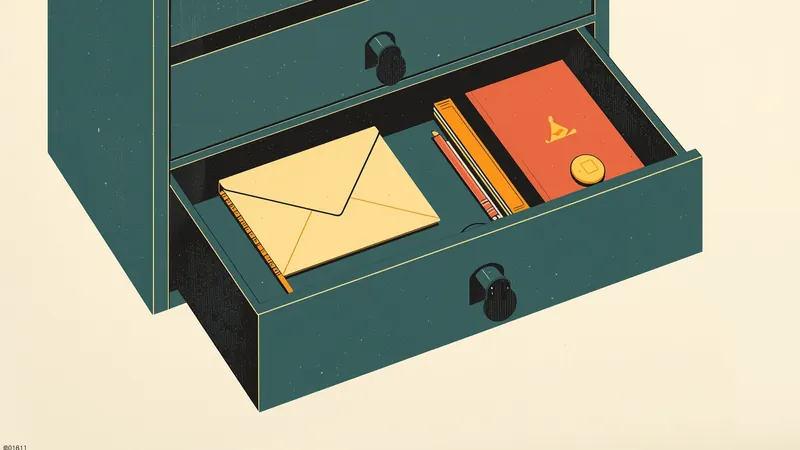 Illustration of an open teal drawer holding an envelope, a pencil, a notebook and a coin