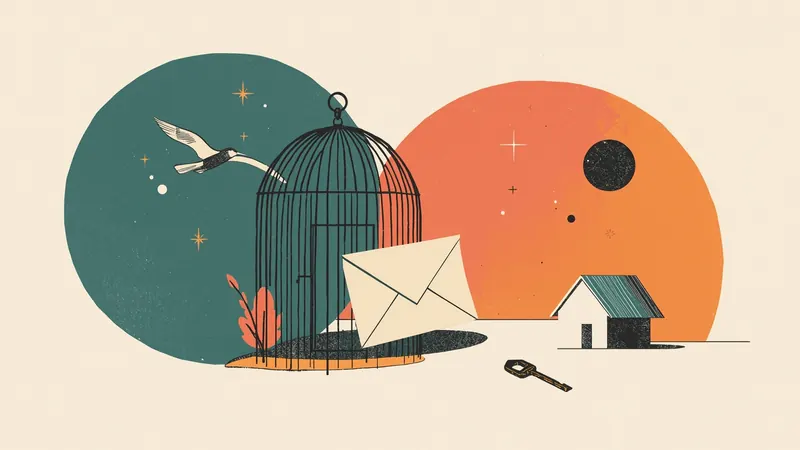 Illustration of an envelope leaving an open birdcage, with a small house and a key nearby