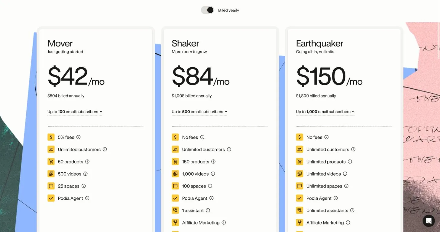 Podia pricing page